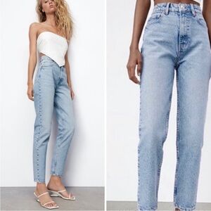 Zara light wash highrise vintage inspired rigid cotton tapered crop mom jeans 4